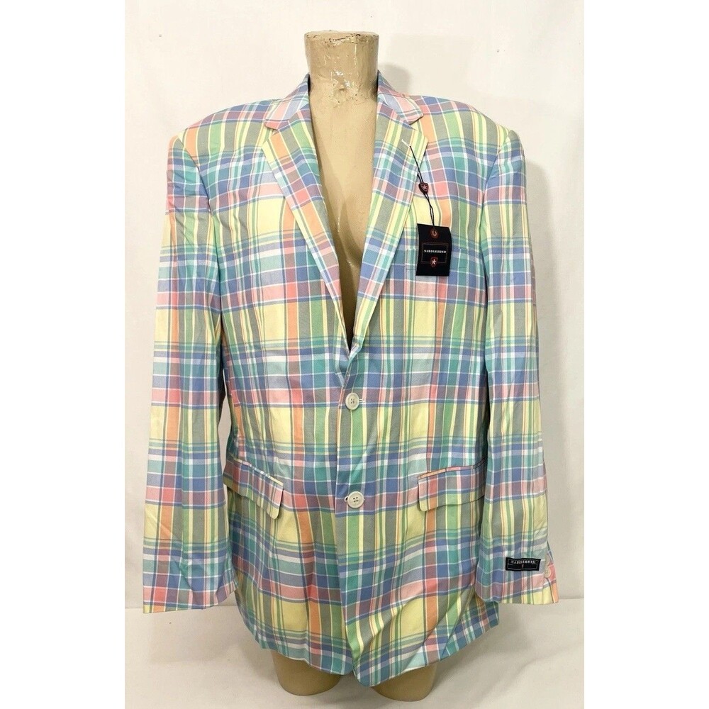 NWT $135 Saddlebred Jacket Size 44R 42" Lining Buttons Pockets Plaid Pink Blue
